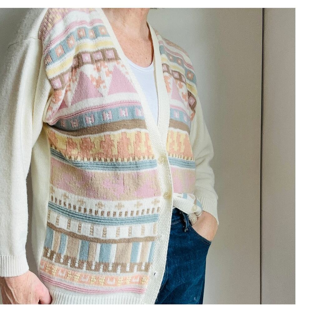 Vintage 90s Cardigan Sweater Pastels Grapic Print Prep Cottagecore Size M - Picture 5 of 5